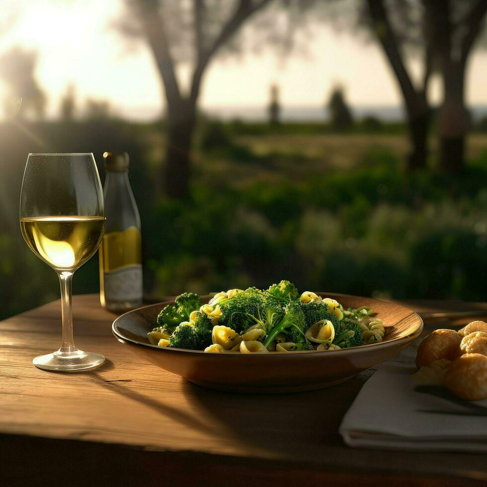 orecchiette - en pasta maträtt tillverkad med öra formad pasta och broccoli rabe sauteed i vitlök och oliv olja foto