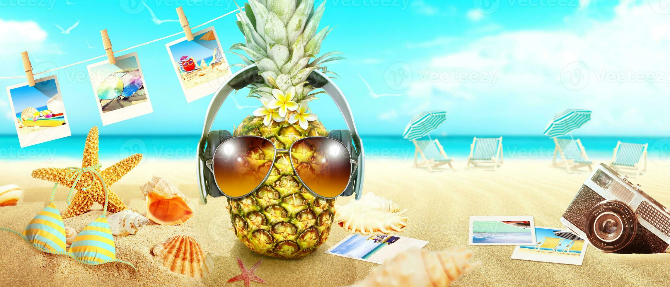 kreativ ananas med solglasögon på sommarbakgrund. foto