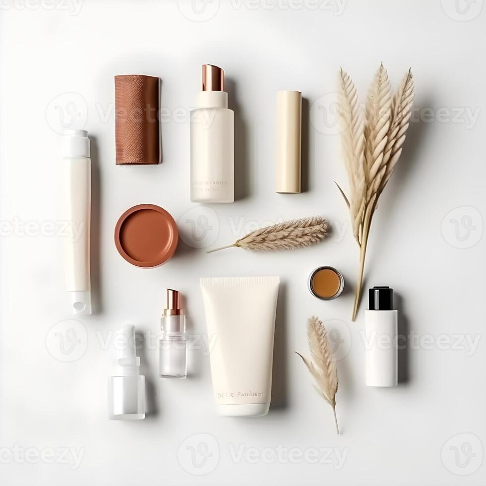 naturlig kosmetisk Produkter på Färg bakgrund. grädde, mask, lotion för ansikte och kropp vård. topp se bild med kopia Plats. ai genererad foto