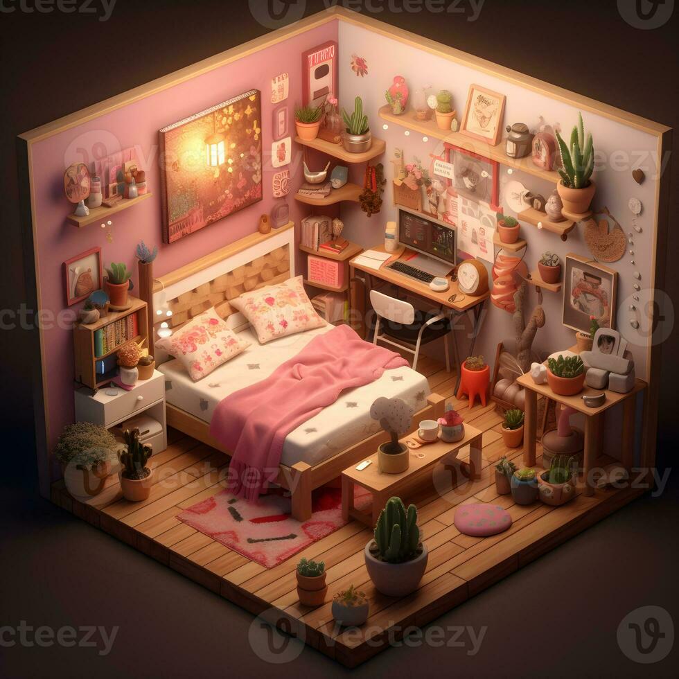 3d framställa av söt sovrum med skrivbordet illustrationer, söt barn sovrum illustrationer foto