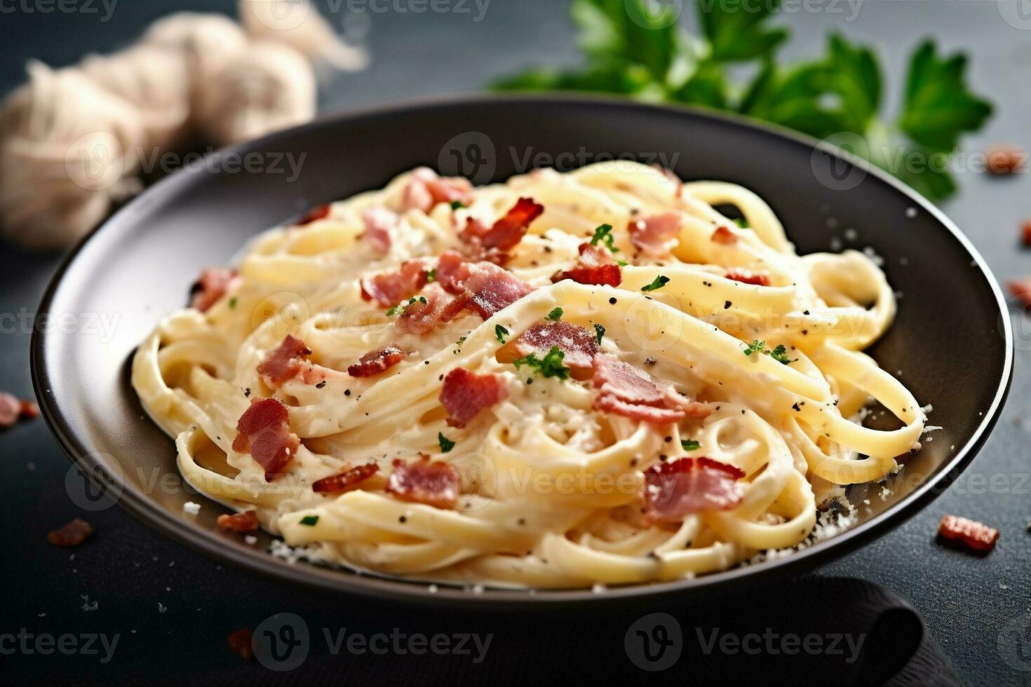 italiensk carbonara pasta bacon sås ost kött måltid mat spaghetti. generativ ai. foto