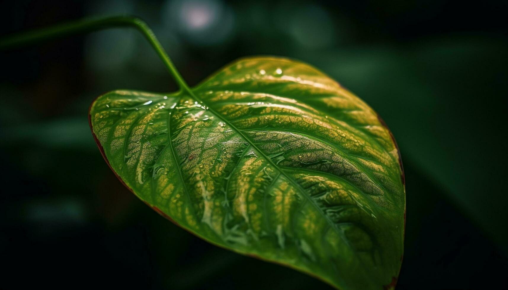 färsk grön blad med dagg släppa reflexion genererad förbi ai foto