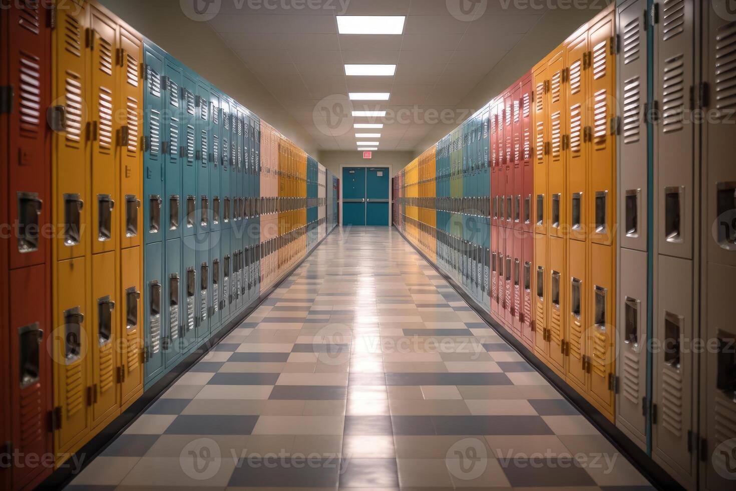 tömma skola korridorer fylld med förvaringsskåp ai genererad foto