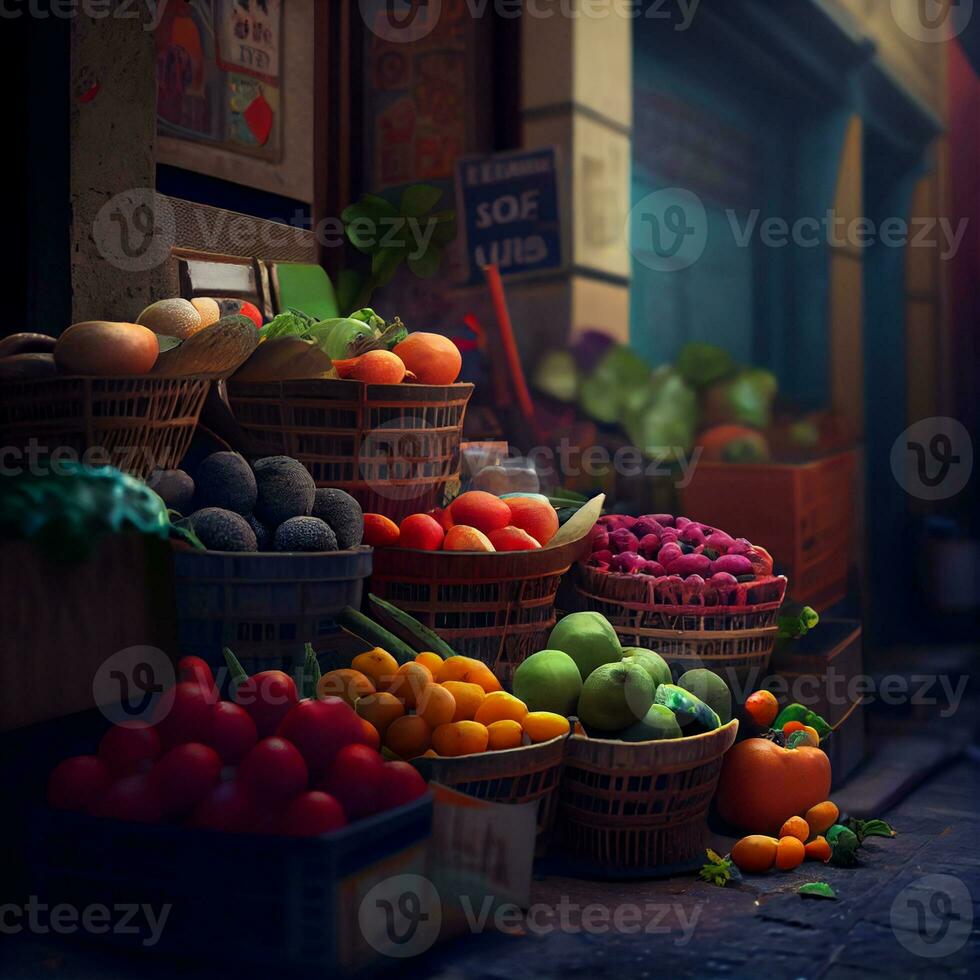 frukt och grönsaker Lagra med laboratorier i de gata ,generativ ai foto
