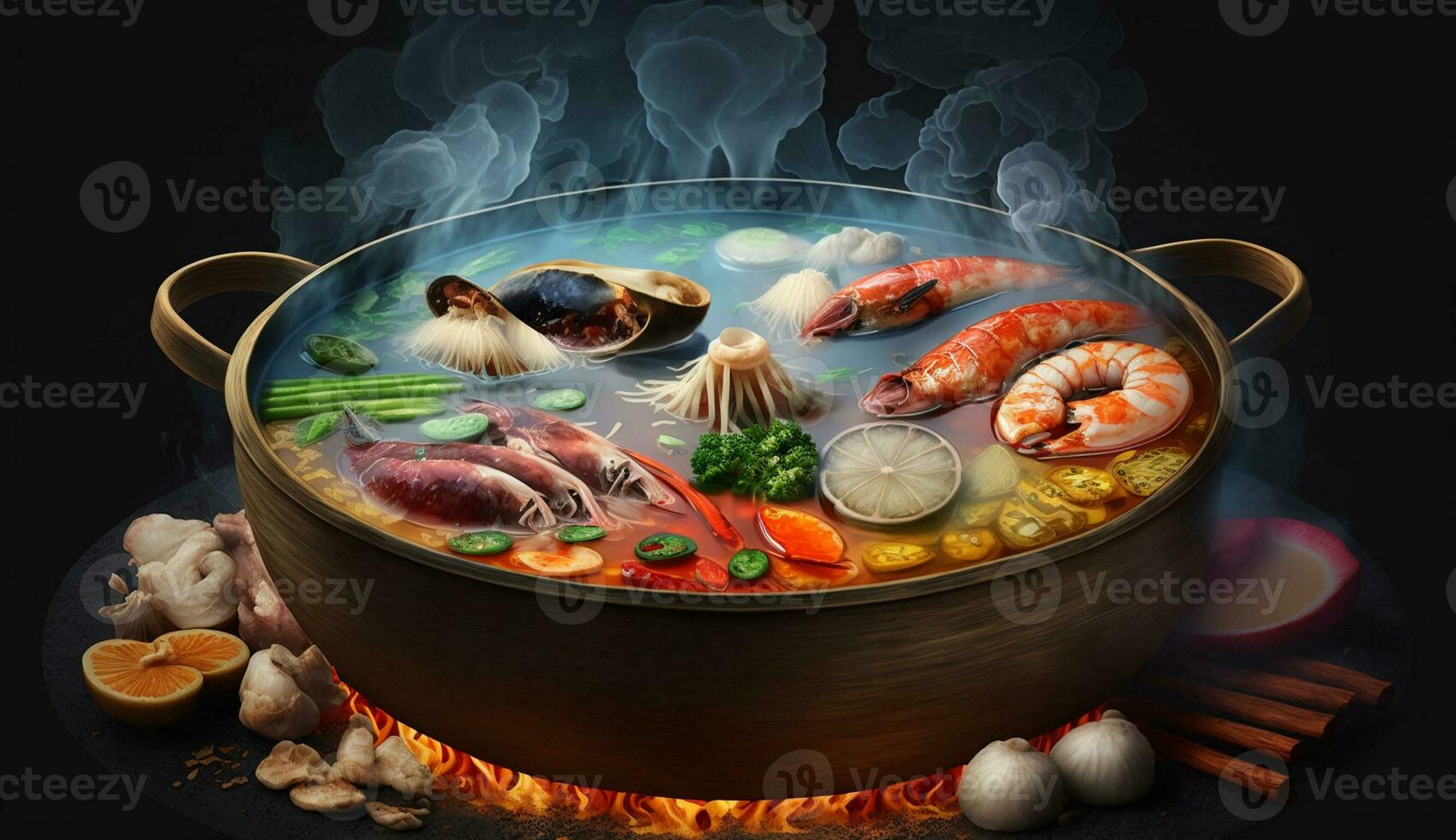 färsk skaldjur gryta kokta med grönsaker och kryddor ,generativ ai foto