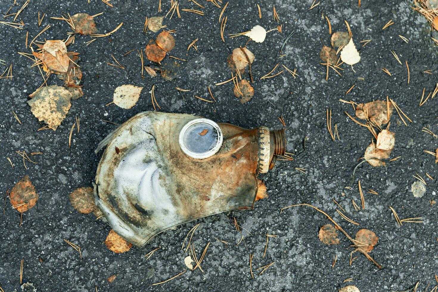 ett gammal Begagnade gas mask liggande på de fuktig gräs på de jord foto