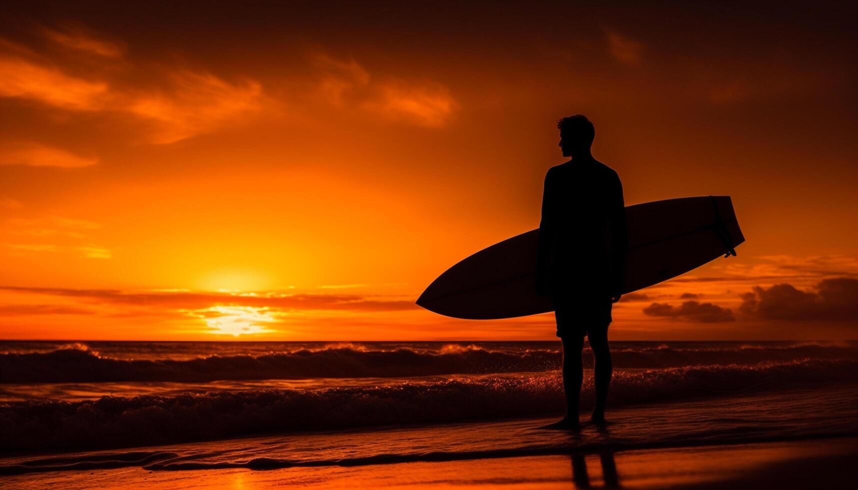 ett person innehav surfbräda, stående på kustlinje på solnedgång genererad förbi ai foto