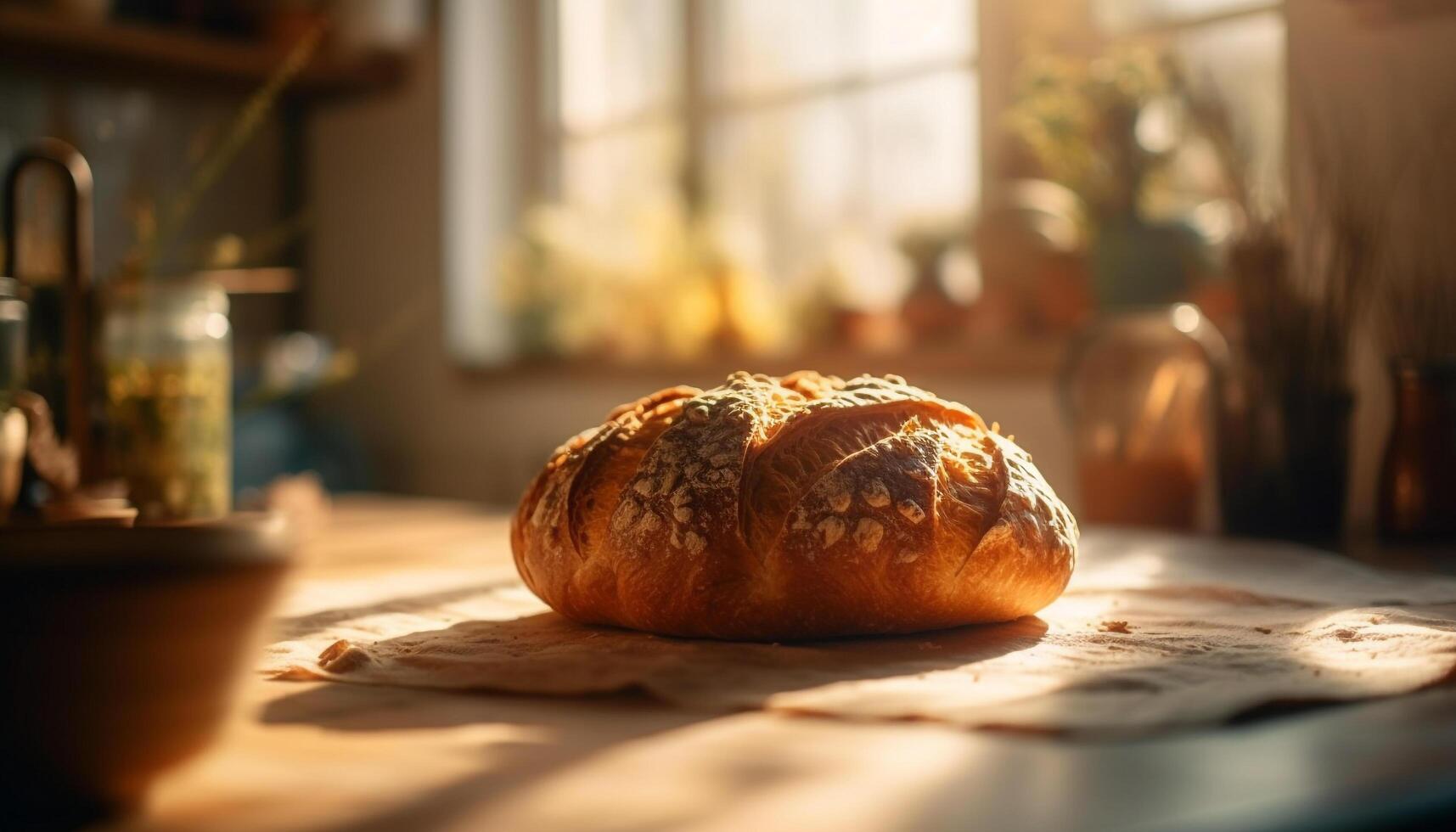 nyligen bakad hemlagad bröd på rustik trä- tabell inomhus genererad förbi ai foto