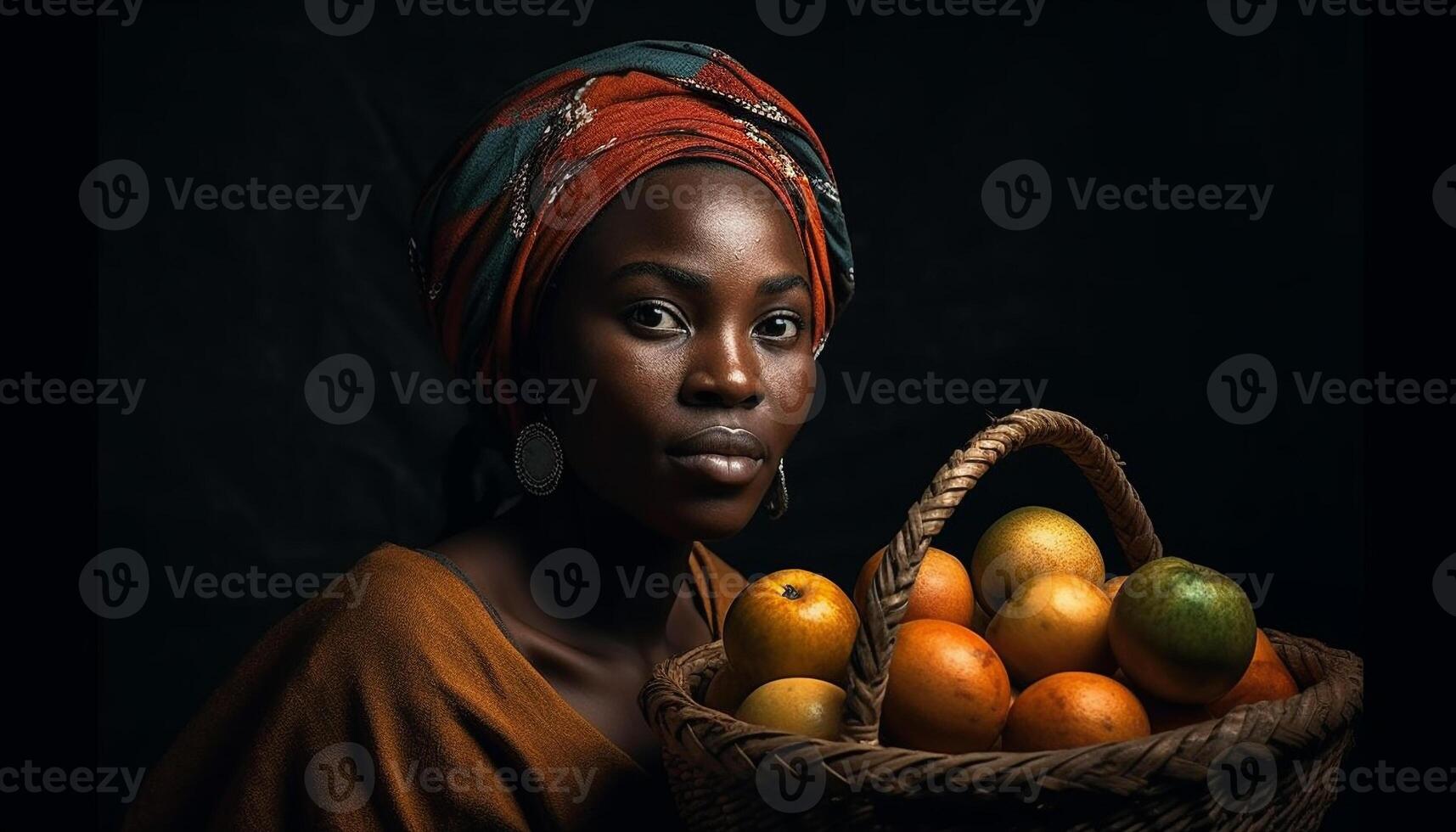 afrikansk kvinna innehav färsk frukt korg, strålande lycka och förtroende genererad förbi ai foto