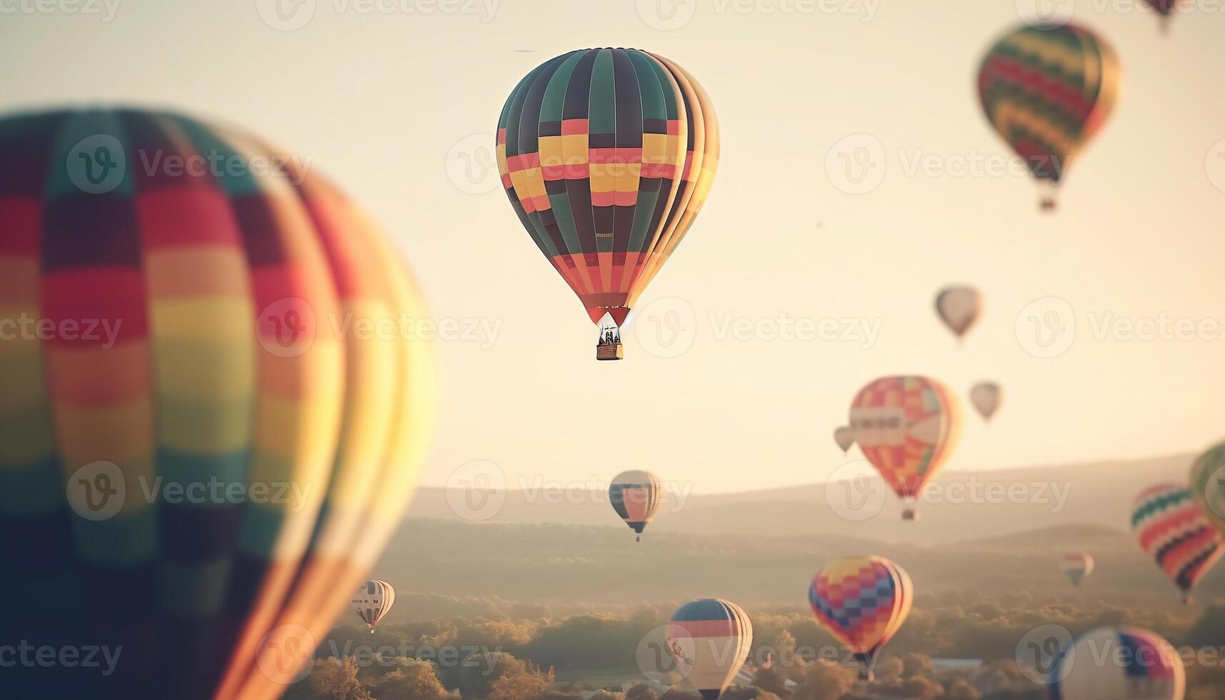 äventyr väntar i de mång färgad varm luft ballong flygande hög genererad förbi ai foto