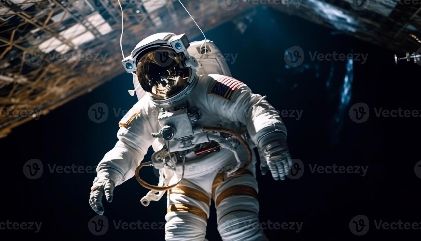 de trogen astronaut i hans Plats kostym stod bestämt väpnad genererad förbi ai foto