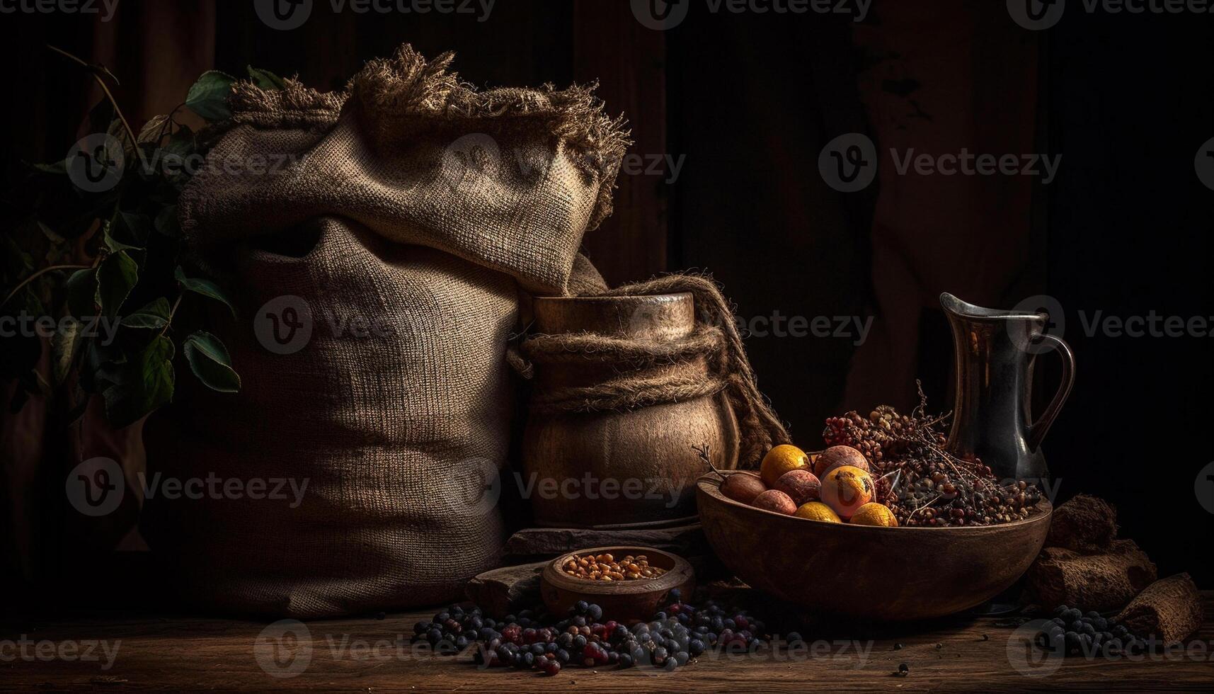 rustik säckväv säck innehar färsk organisk kaffe bönor för slipning genererad förbi ai foto