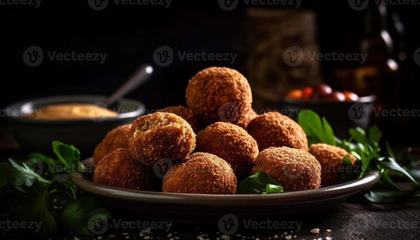 nyligen kokta köttbulle aptitretare med hemlagad falafel och Koriander sås genererad förbi ai foto