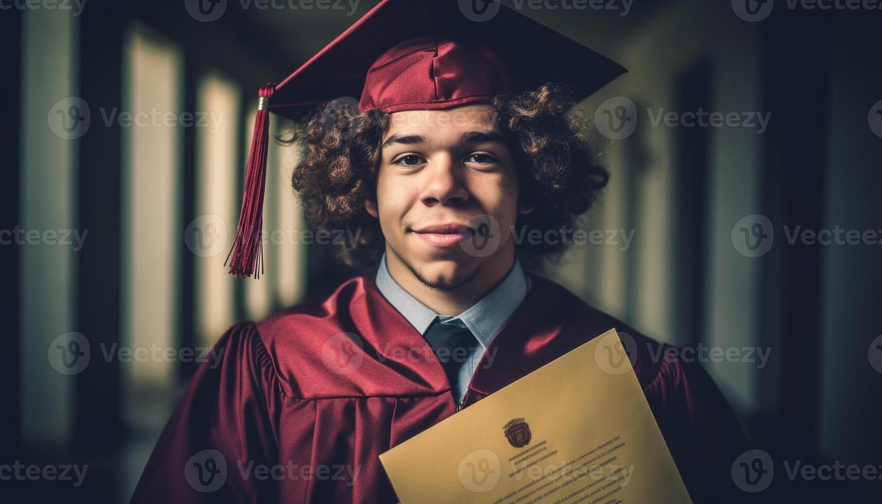 ett framgångsrik vuxen, innehav diplom, leende med stolthet på gradering genererad förbi ai foto