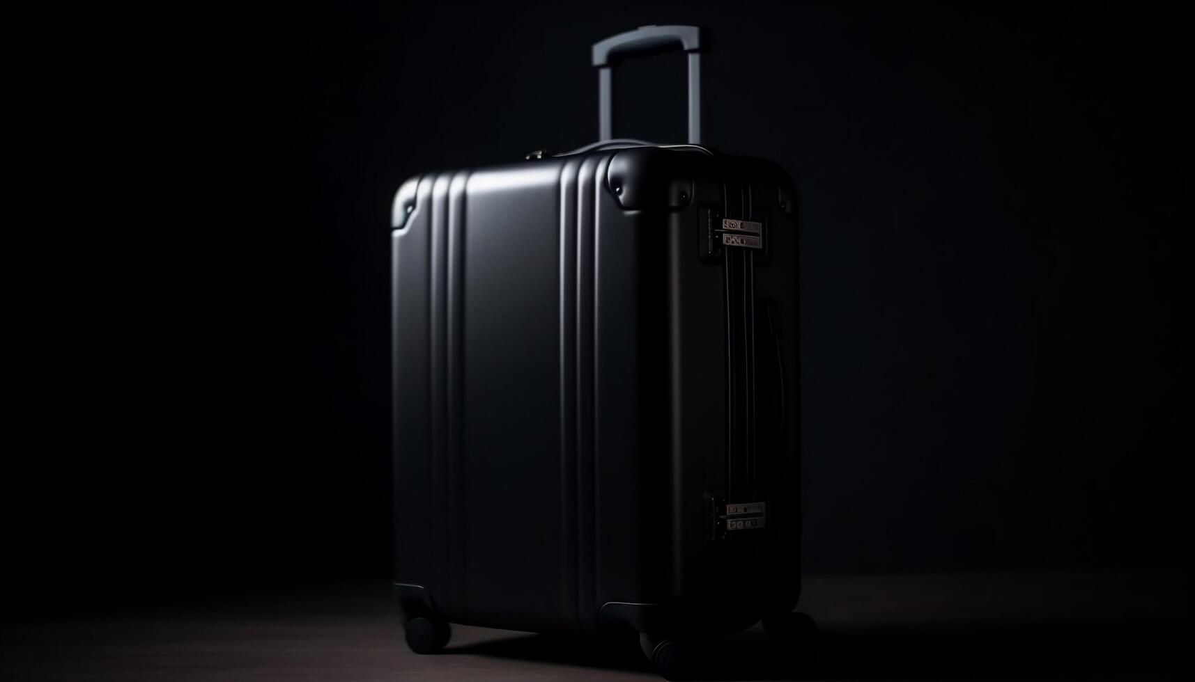 på hjul läder resväska för företag resa, på svart bakgrund genererad förbi ai foto