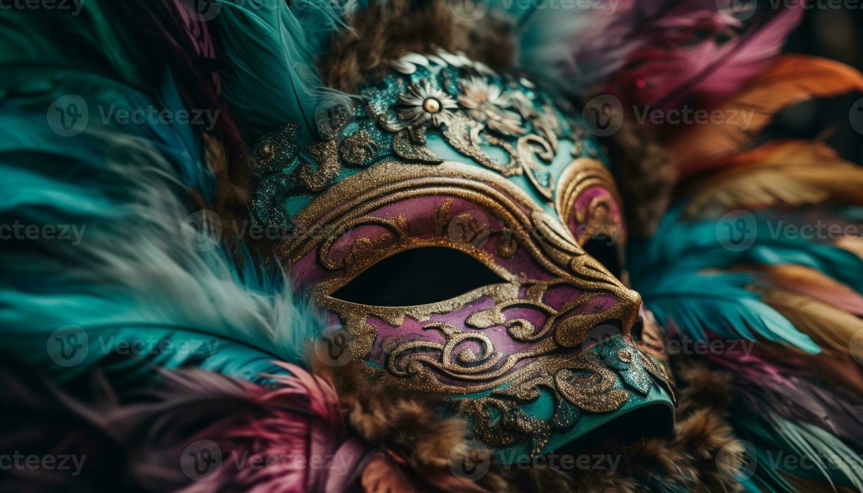 utsmyckad mask döljer mysterium på mardi gras firande genererad förbi ai foto