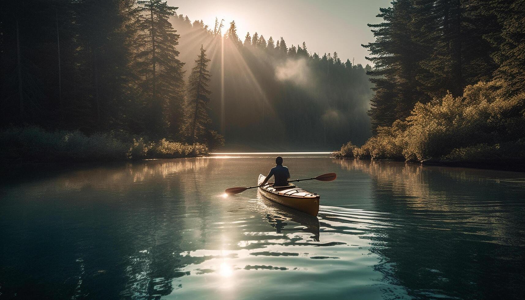 Kajakpaddling äventyr, ett person leende i solljus genererad förbi ai foto