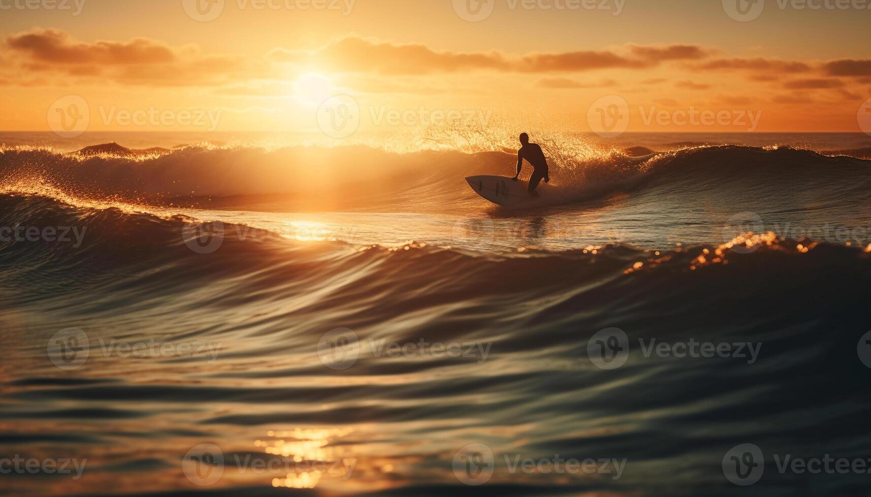 silhuett innehav surfbräda, surfing in i de solnedgång genererad förbi ai foto