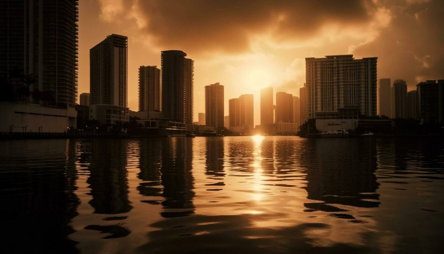 solnedgång reflexion på skyskrapa, stadsbild, och vatten genererad förbi ai foto