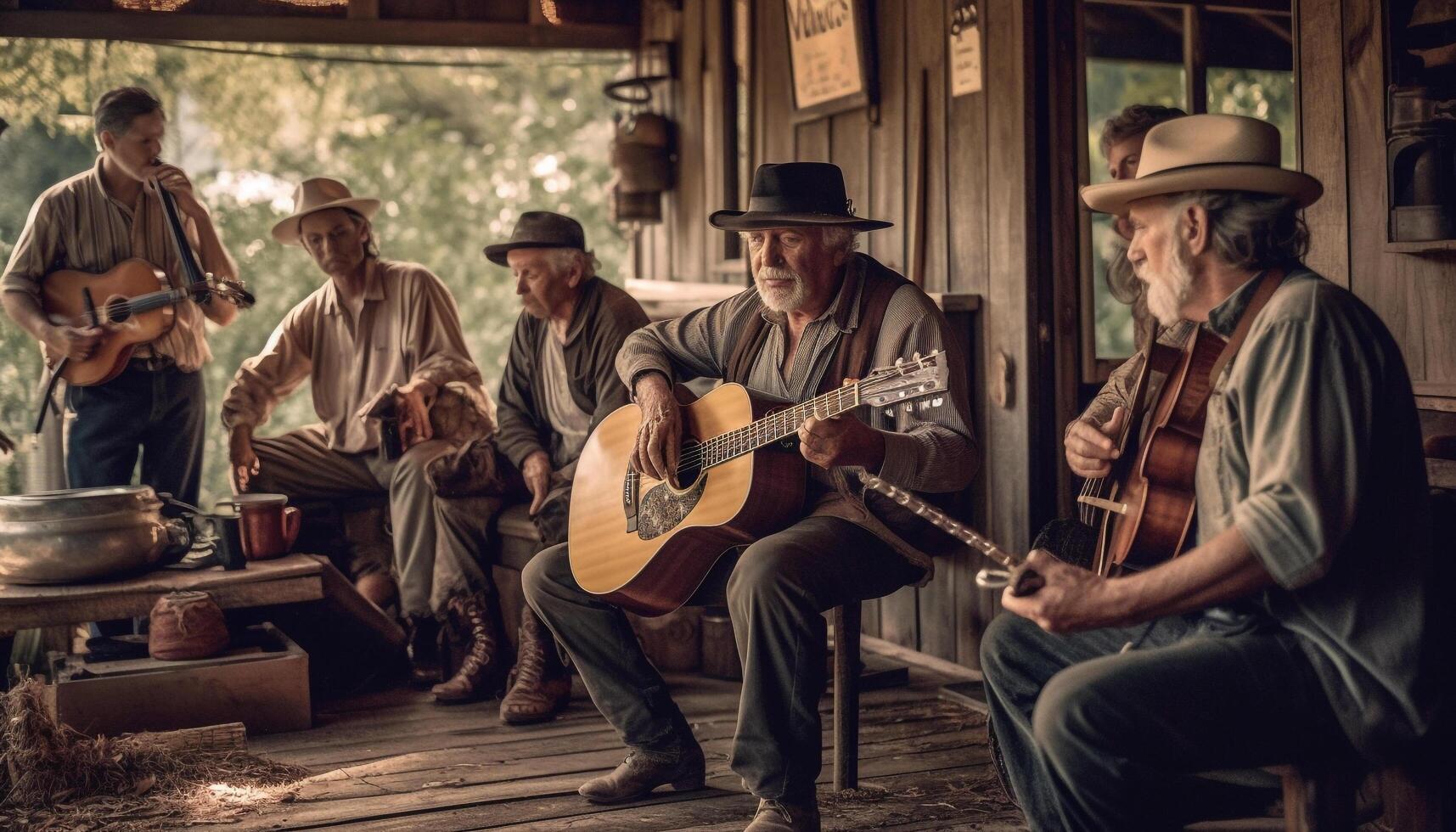 senior män spelar gitarr, njuter musikalisk samhörighet genererad förbi ai foto