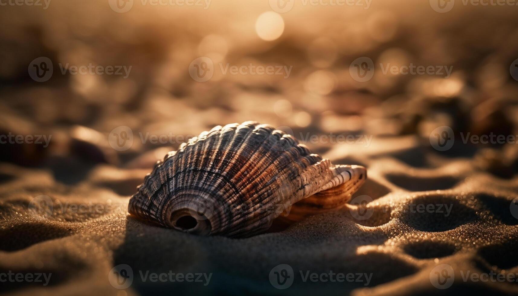 gyllene spiral snäckskal, sjöstjärna smycka de sand genererad förbi ai foto