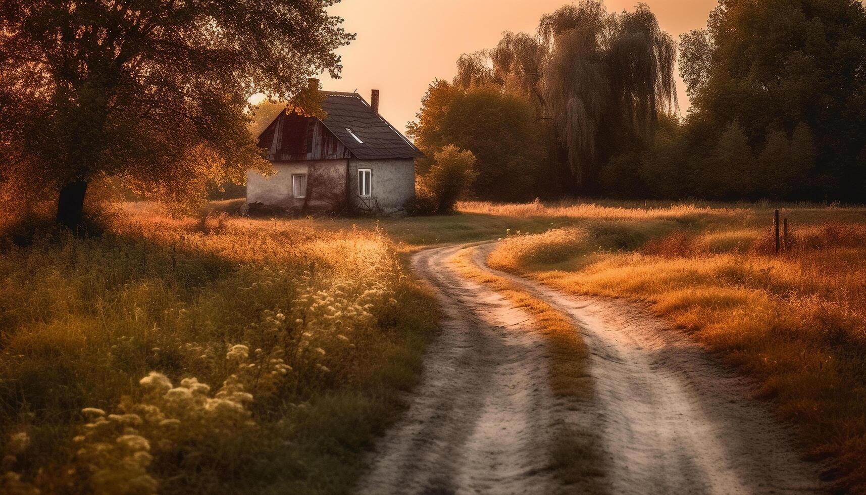 rustik bondgård inbäddat i lugn höst äng genererad förbi ai foto