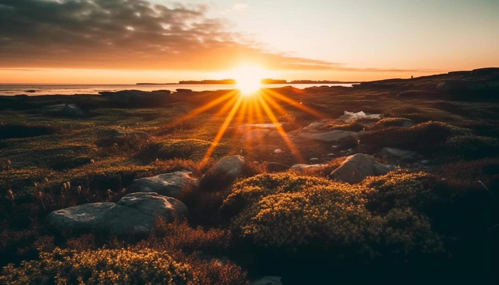 berg topp speglar lugn solnedgång över vatten genererad förbi ai foto