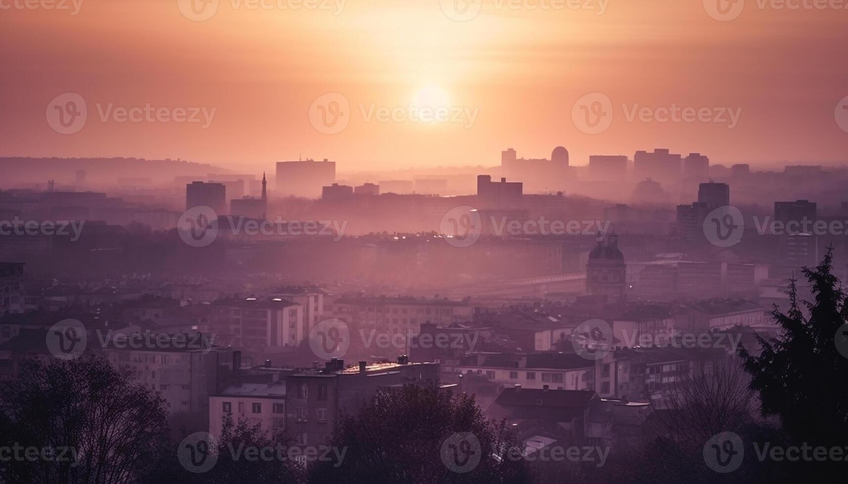 silhuett horisont, tillbaka belyst solnedgång, panorama- stadsbild genererad förbi ai foto