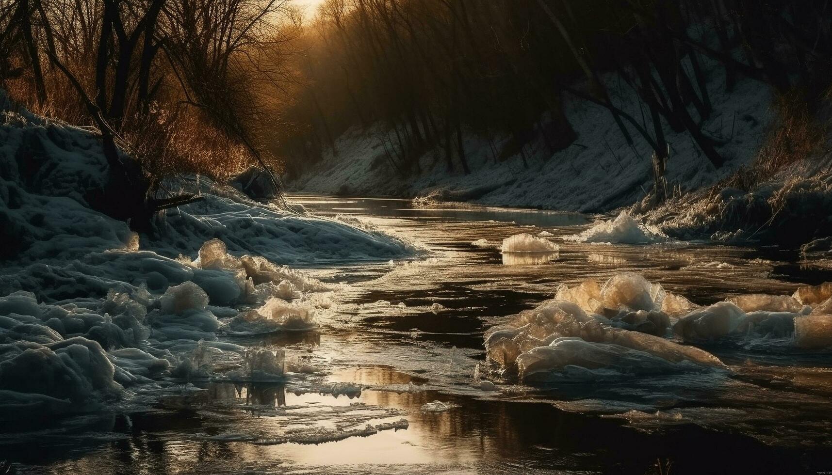 lugn scen, frysta skog, suddig rörelse vattenfall genererad förbi ai foto