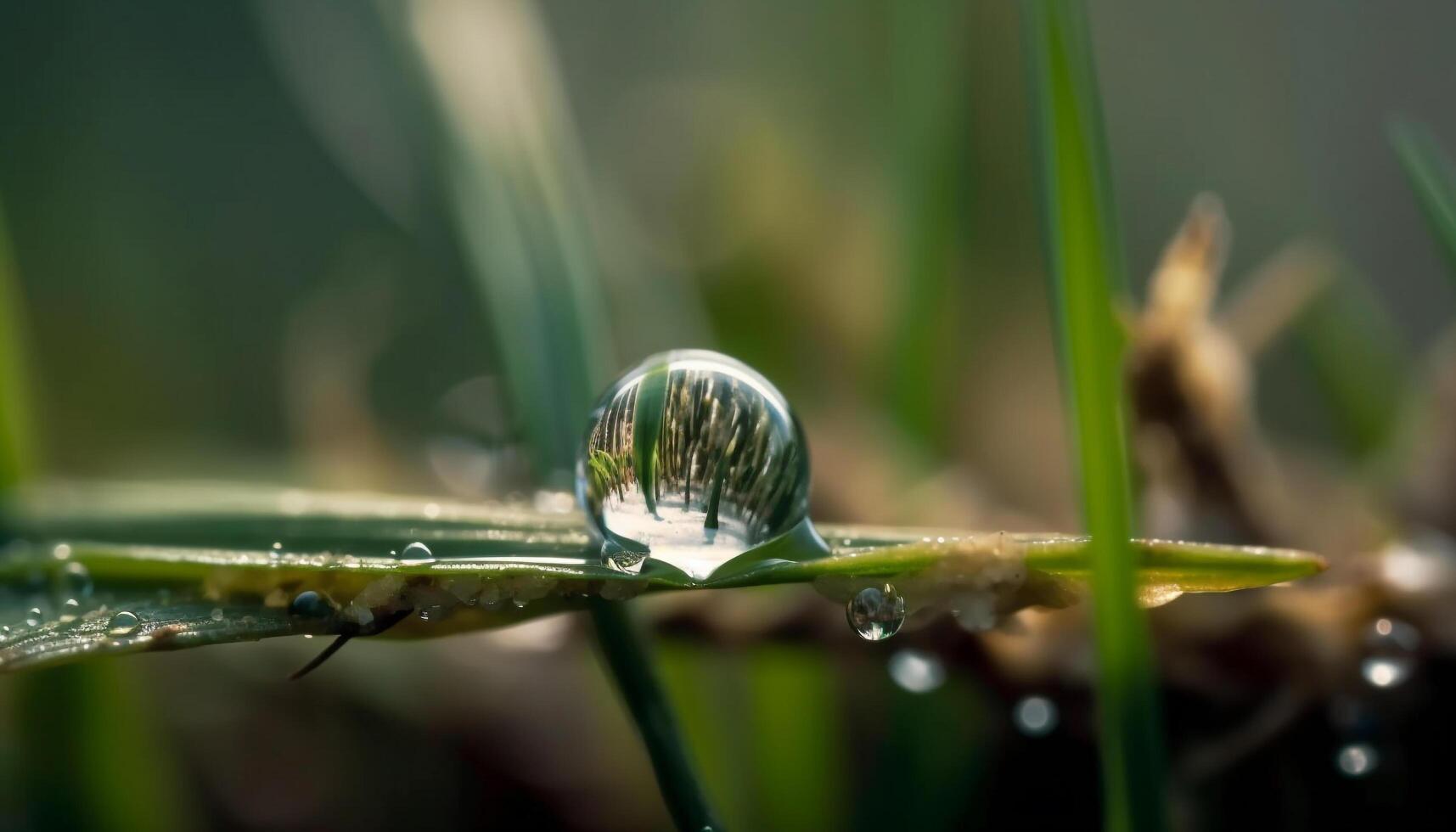 färsk grön dagg droppar på blad av gräs genererad förbi ai foto