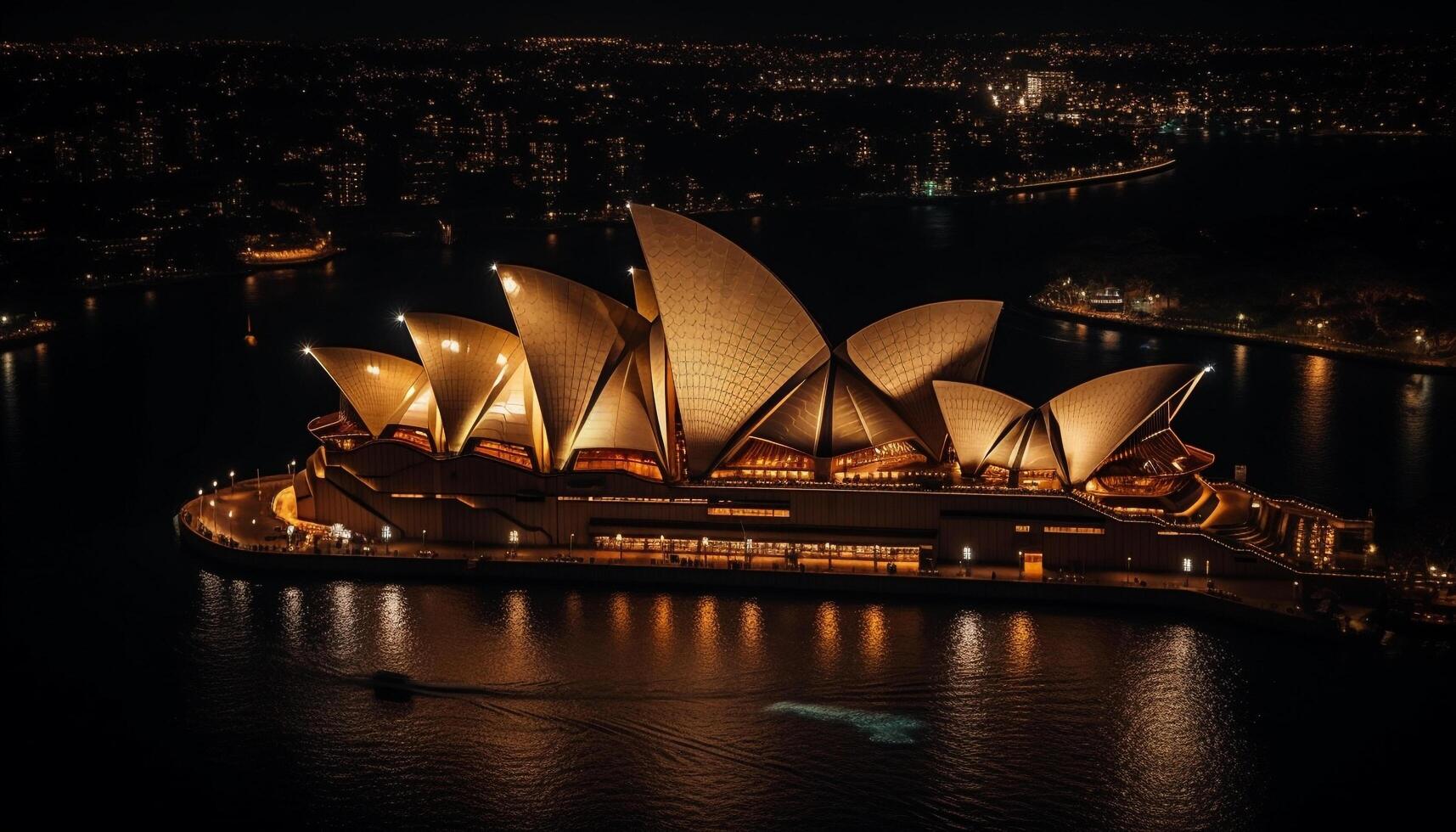 opera hus upplyst, reflekterande i vatten Nedan genererad förbi ai foto