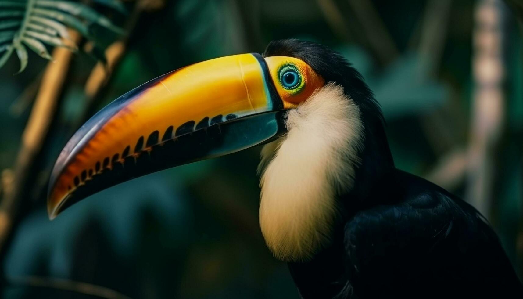 mång färgad toucan perching på grön gren genererad förbi ai foto