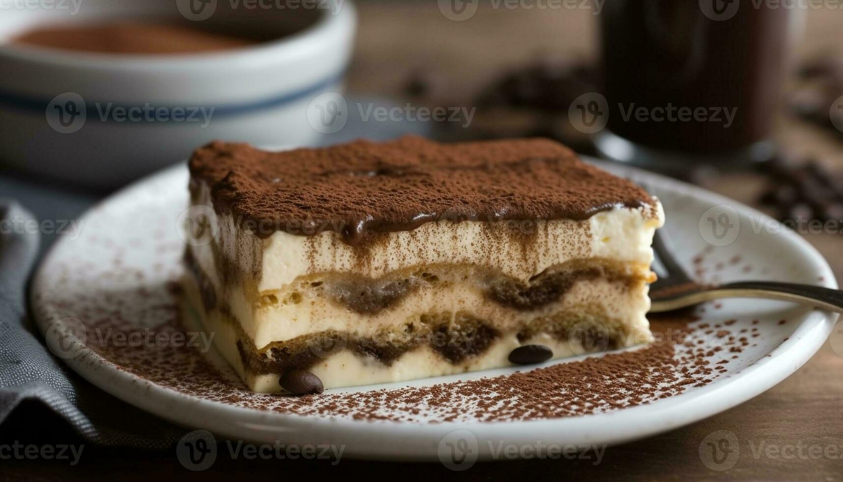 skiktad tiramisu skiva med choklad och grädde genererad förbi ai foto