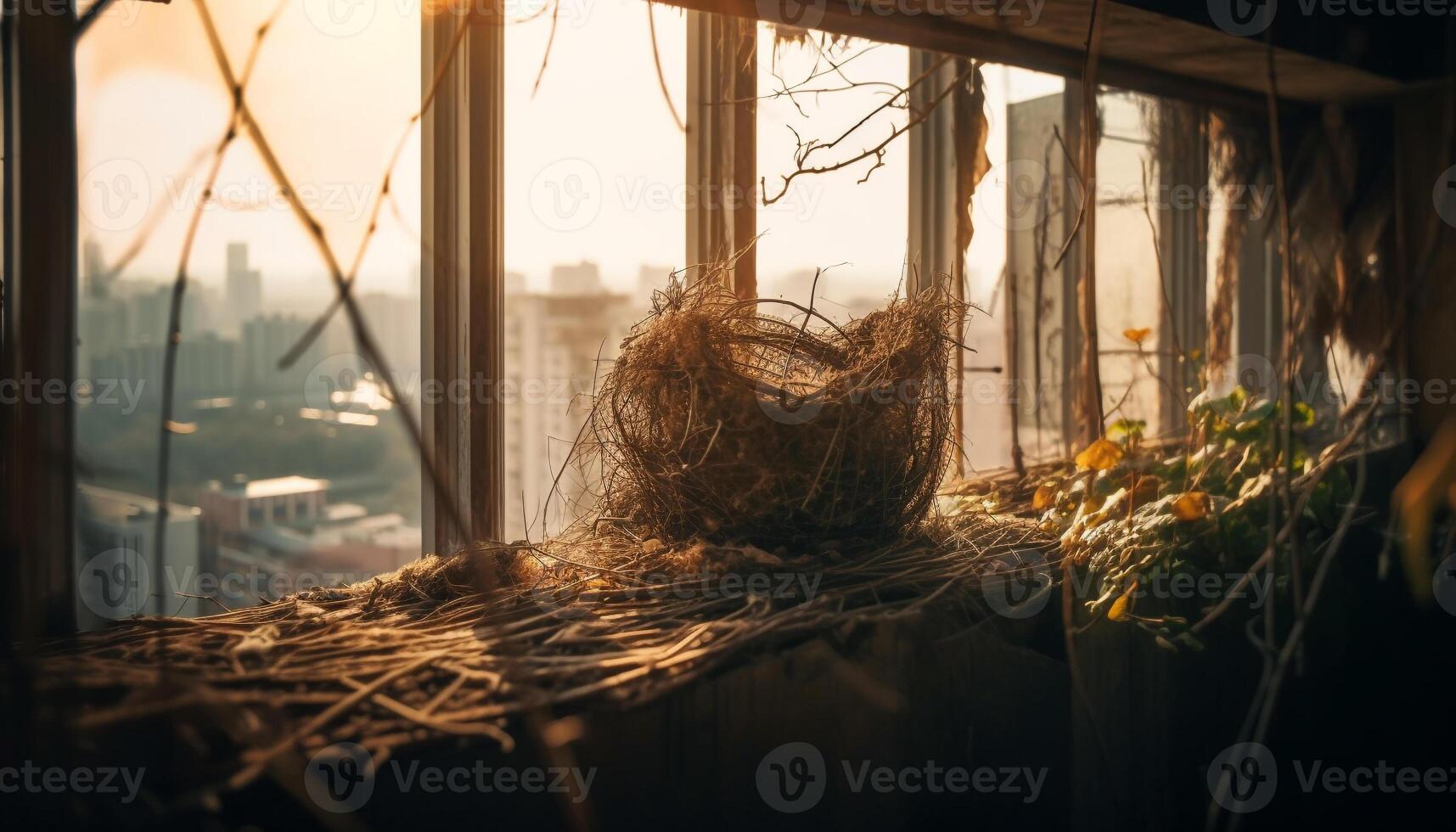 solnedgång tänds rustik bruka fönster i gammal trä genererad förbi ai foto