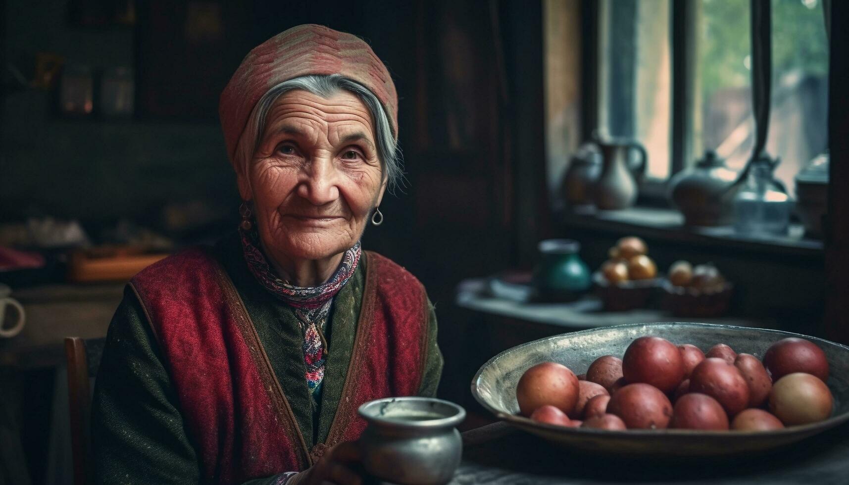 leende senior kvinna matlagning friska organisk mat genererad förbi ai foto