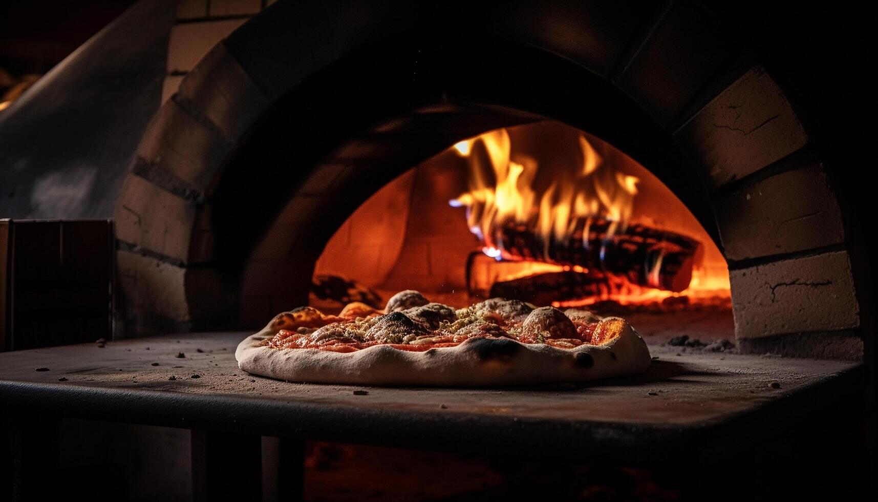 bakad gourmet pizza kokta i trä ugn genererad förbi ai foto