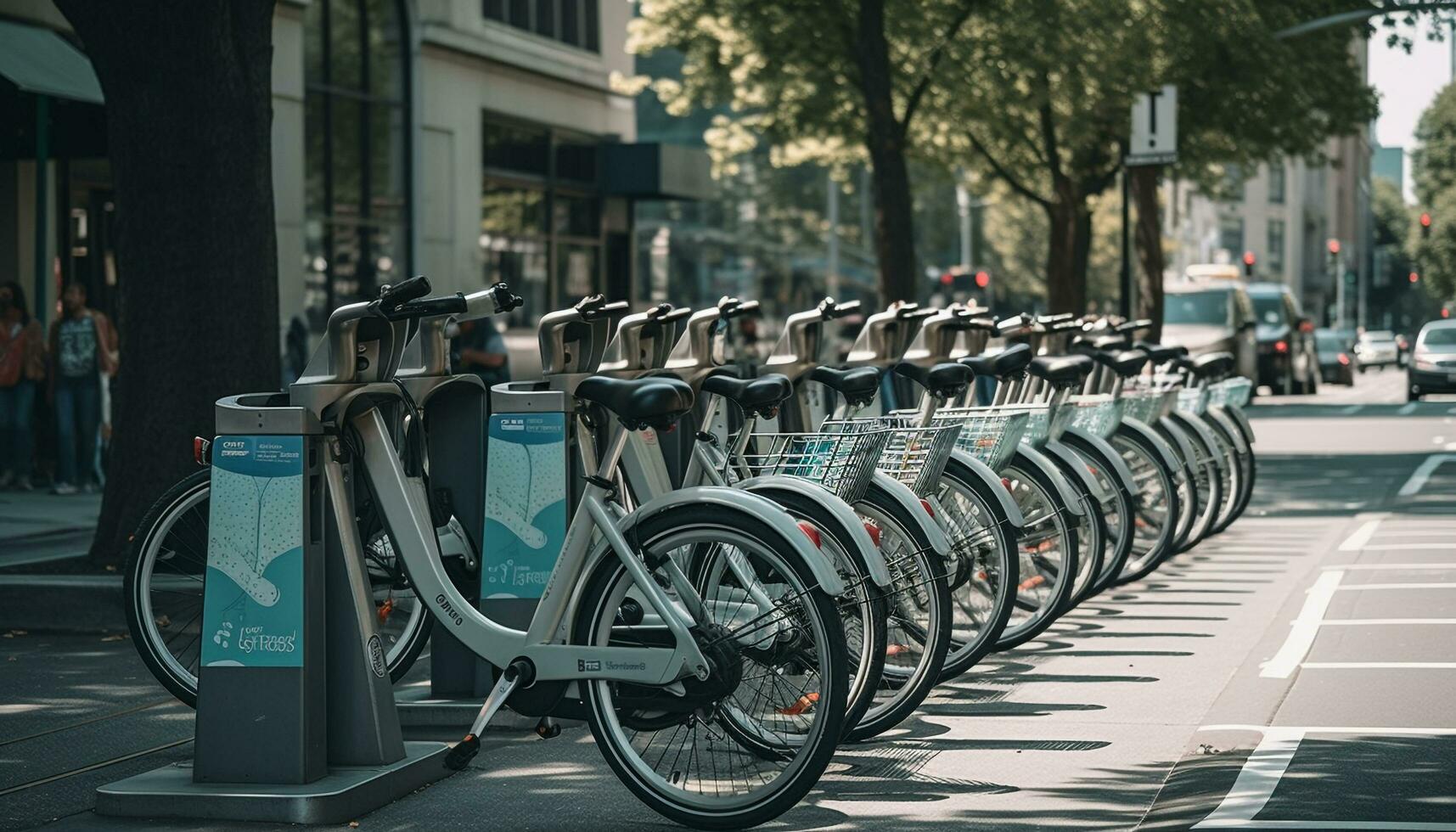 friska cyklister njut av stad transport på cyklar genererad förbi ai foto