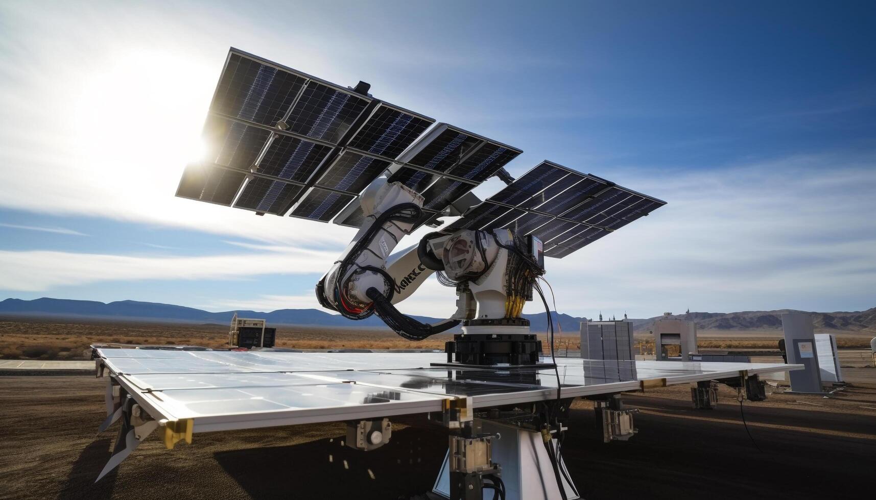 sol- paneler generera elektricitet för trogen samhälle genererad förbi ai foto