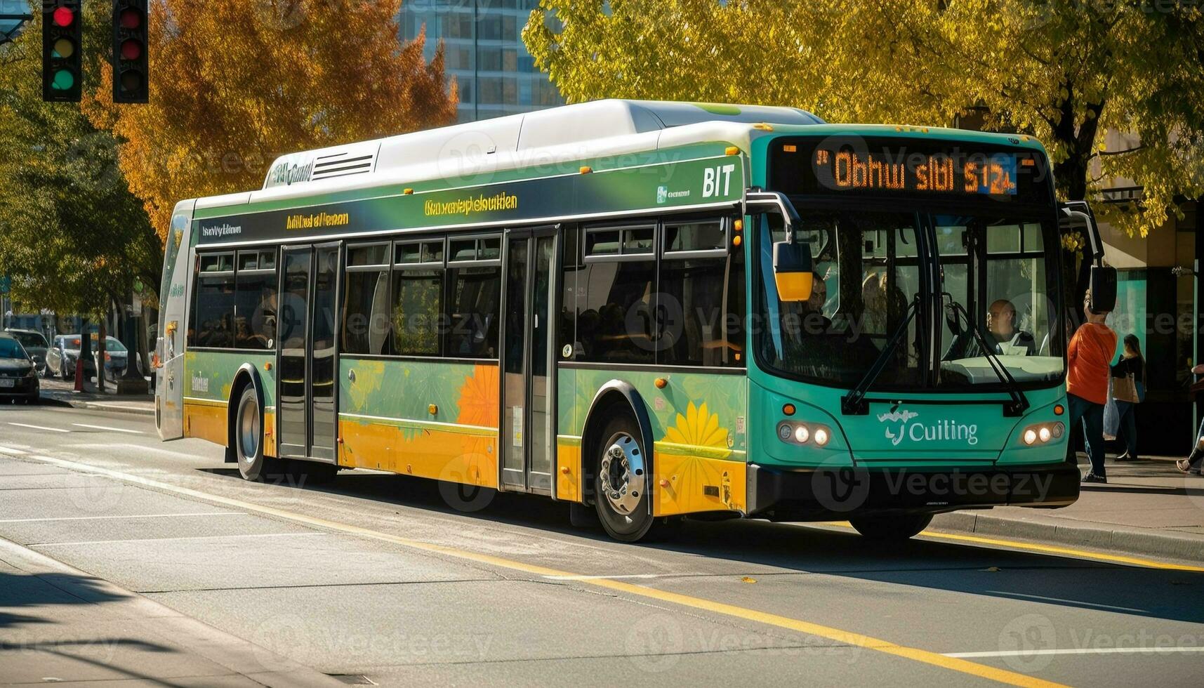 dubbel- däck buss i stad trafik, suddig rörelse genererad förbi ai foto