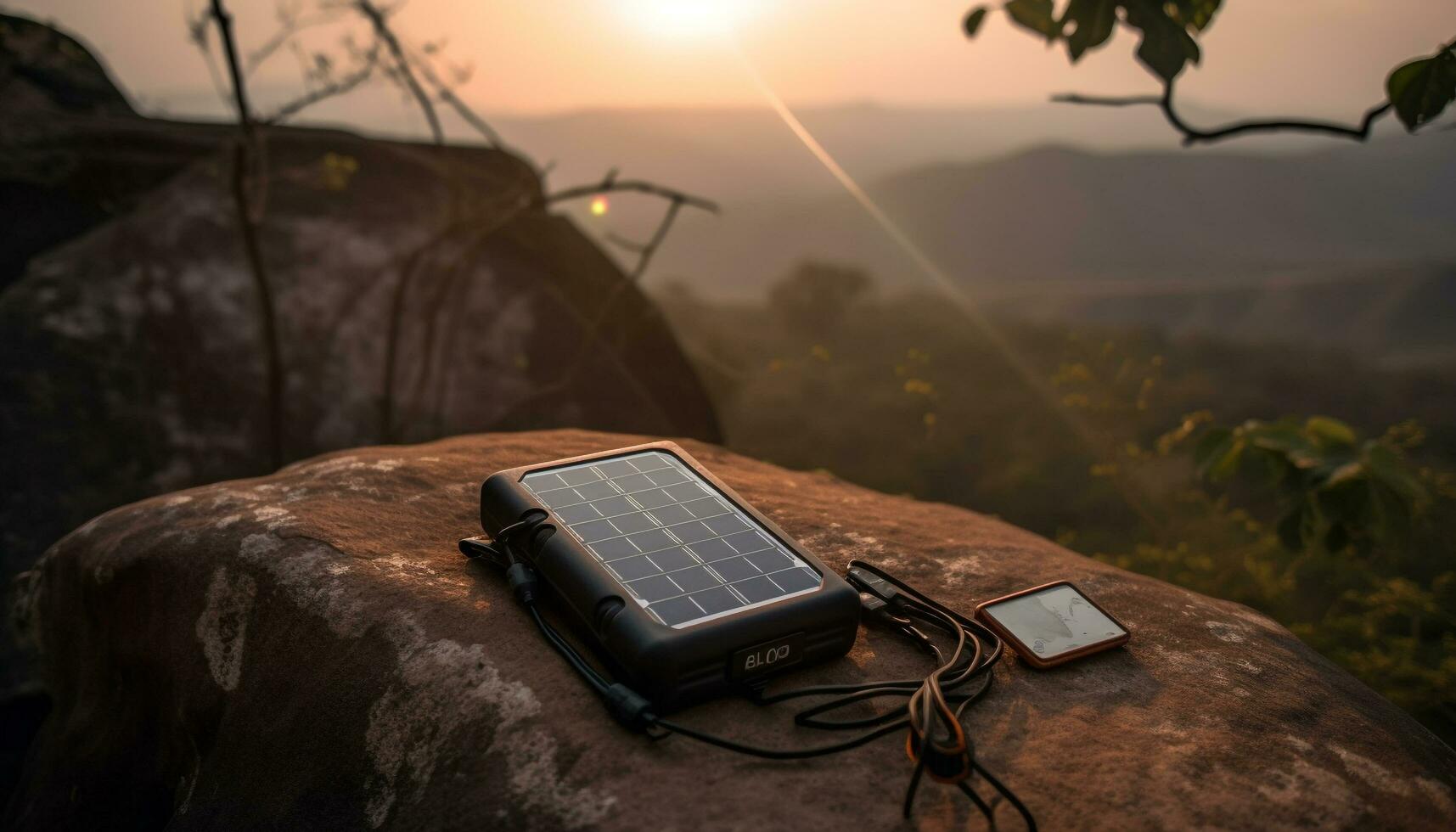 solnedgång över berg topp kostnader sol- panel batteri genererad förbi ai foto