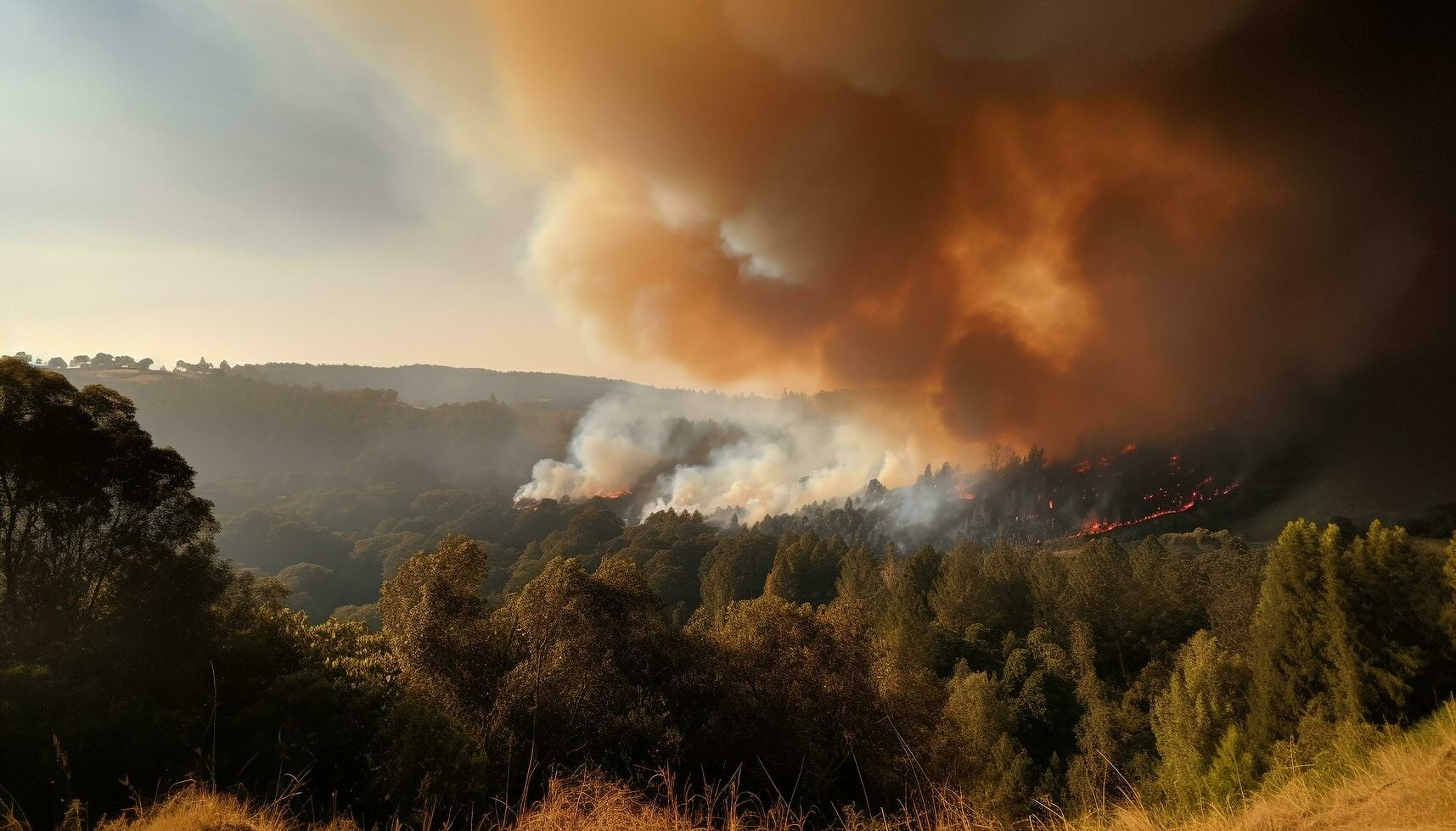 brinnande skog, rök stigande, förstörelse, fara expanderar genererad förbi ai foto