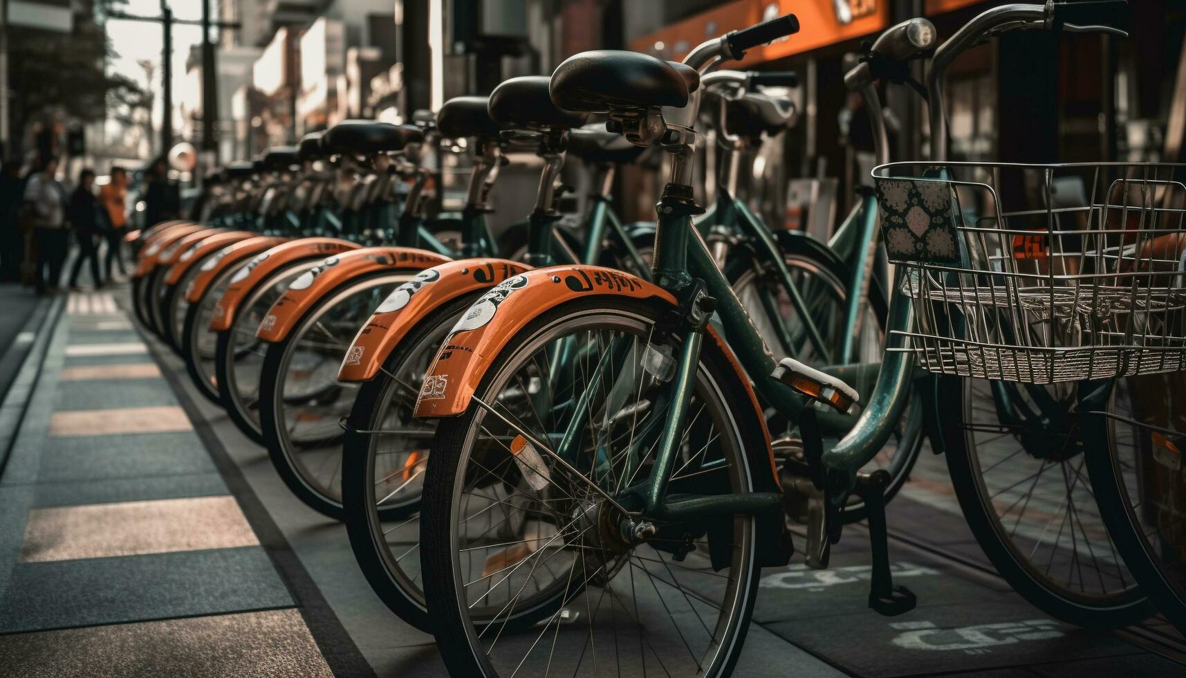 riklig cyklar parkerad på modern stad station genererad förbi ai foto