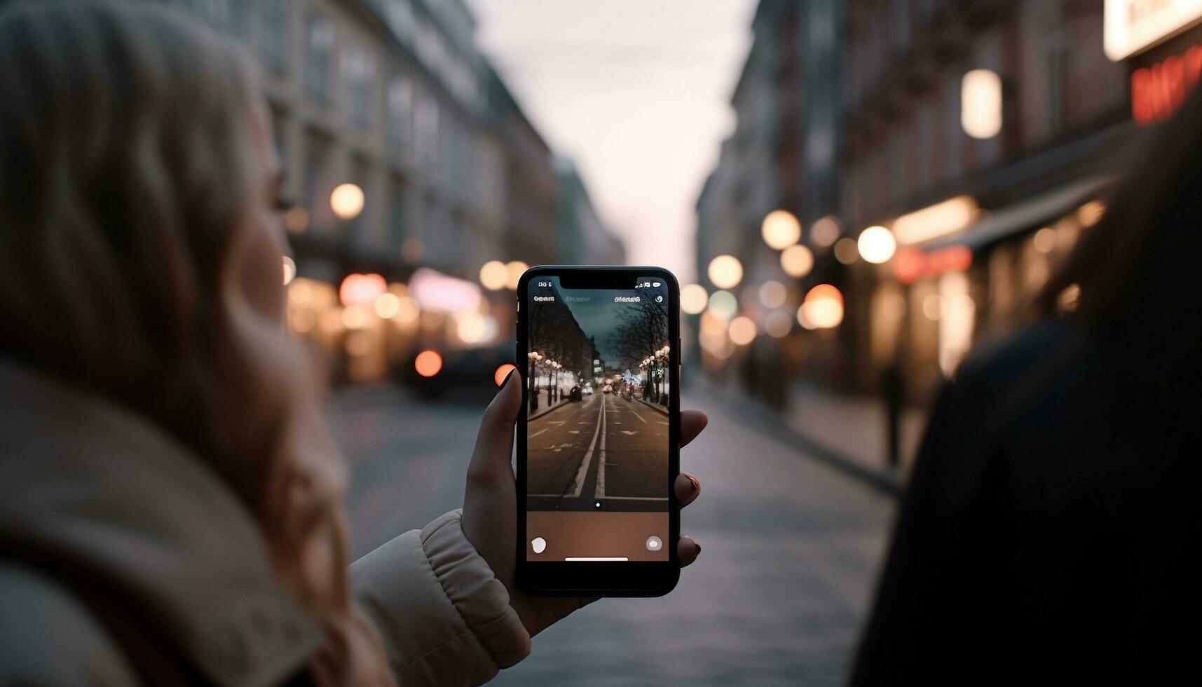 textning utomhus, ung kvinna fångar stad liv genererad förbi ai foto