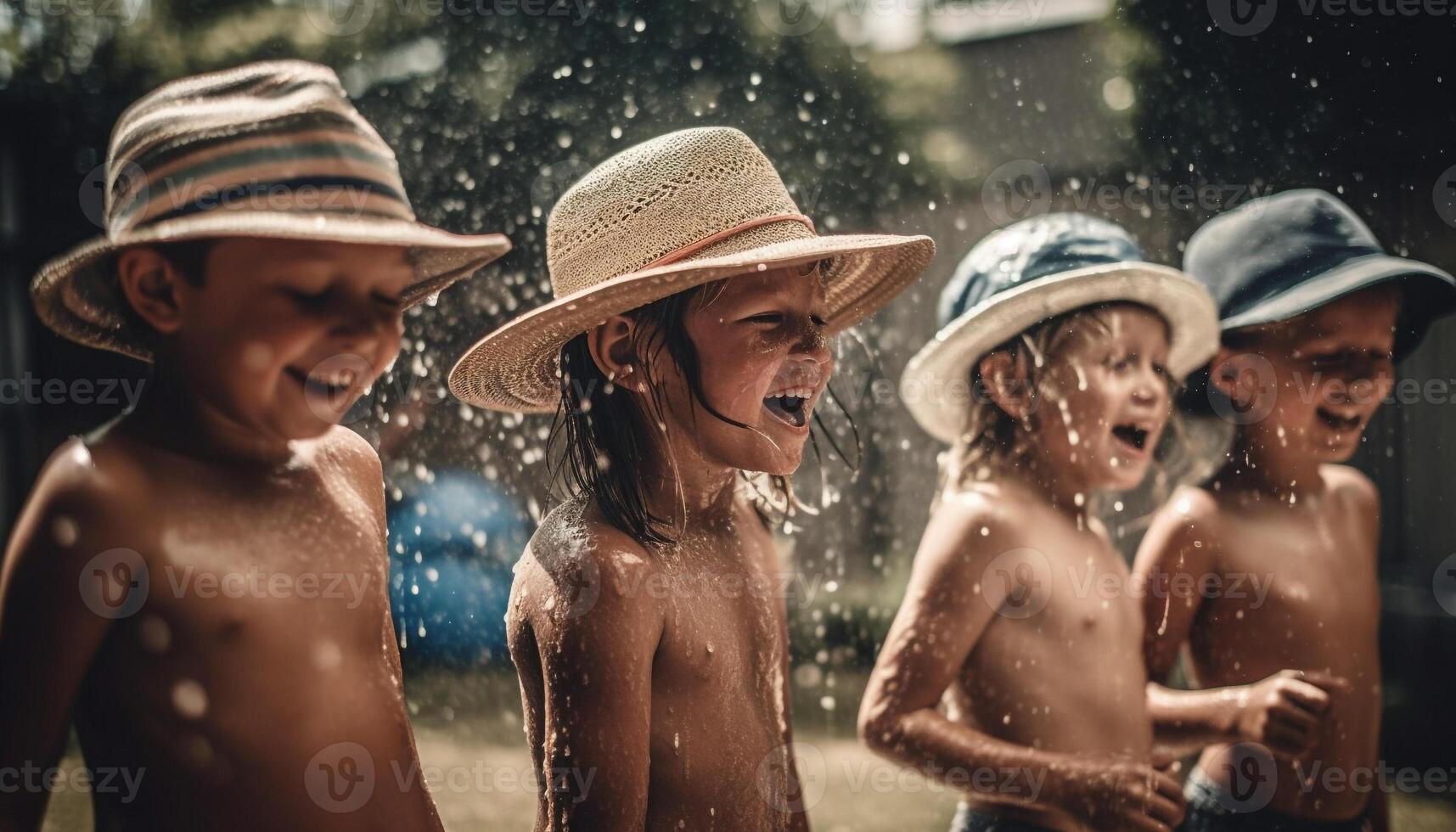 familj spelar i vatten, njuter sommar roligt genererad förbi ai foto