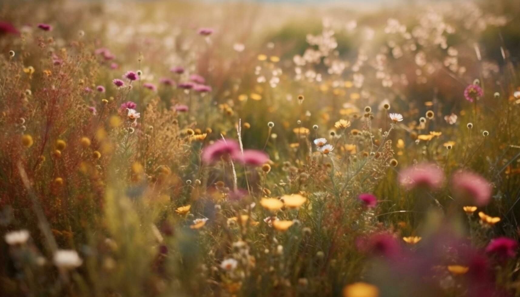 vibrerande vild blomma i lugn äng solnedgång genererad förbi ai foto