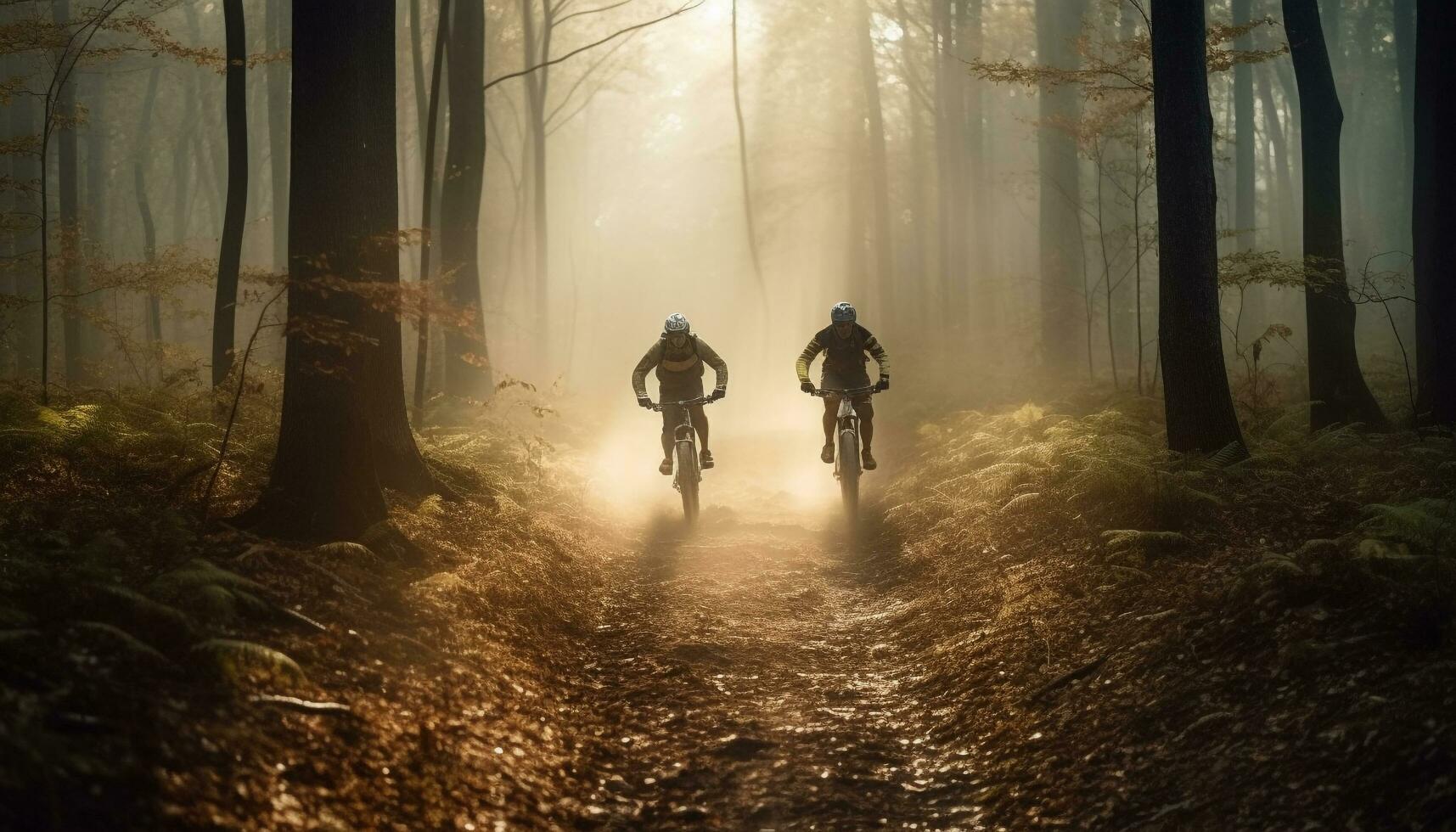 muskulös män cykel genom dimmig skog terräng genererad förbi ai foto