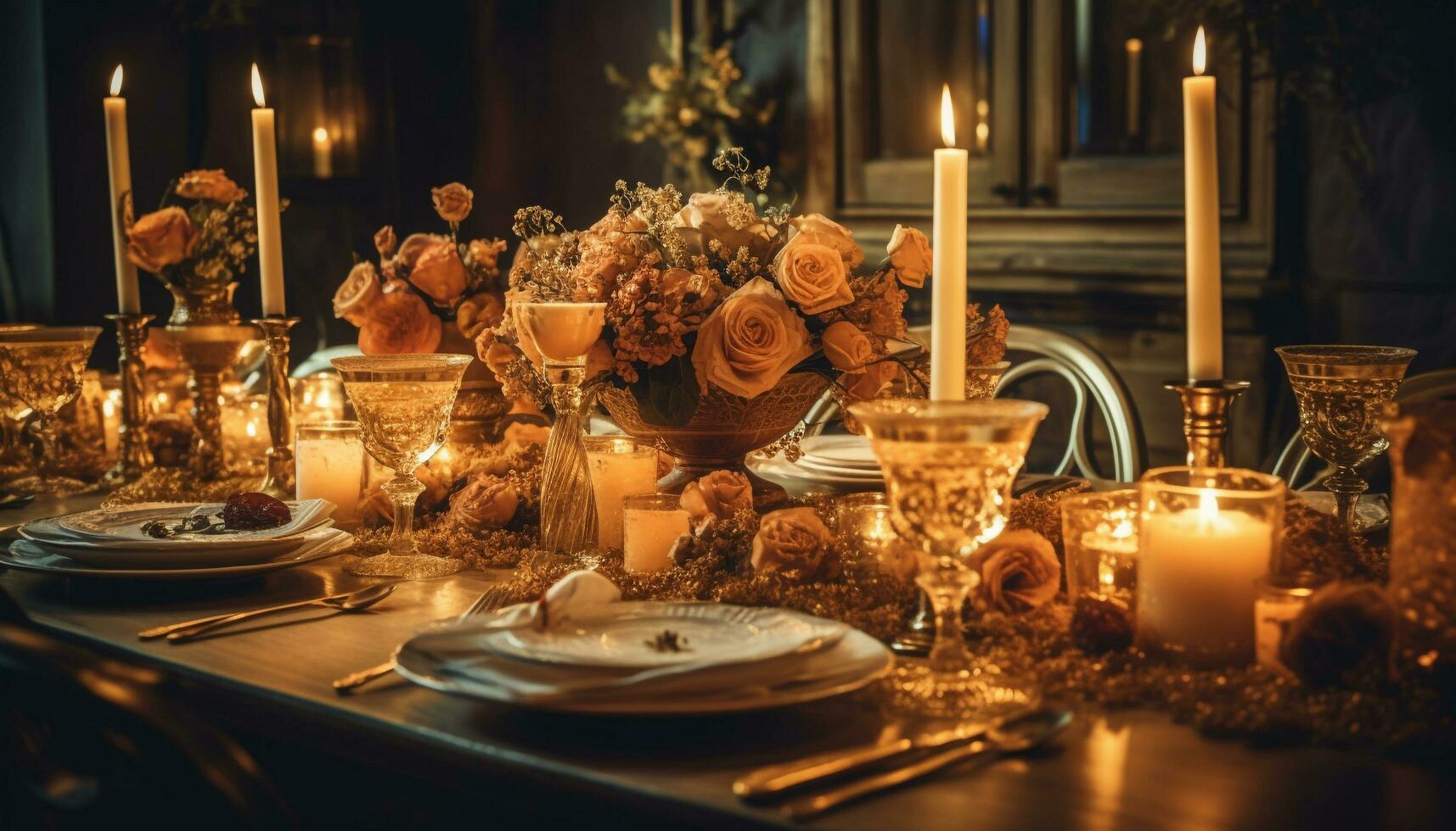 elegant bröllop middag levande ljus, bestick, vin, roman genererad förbi ai foto