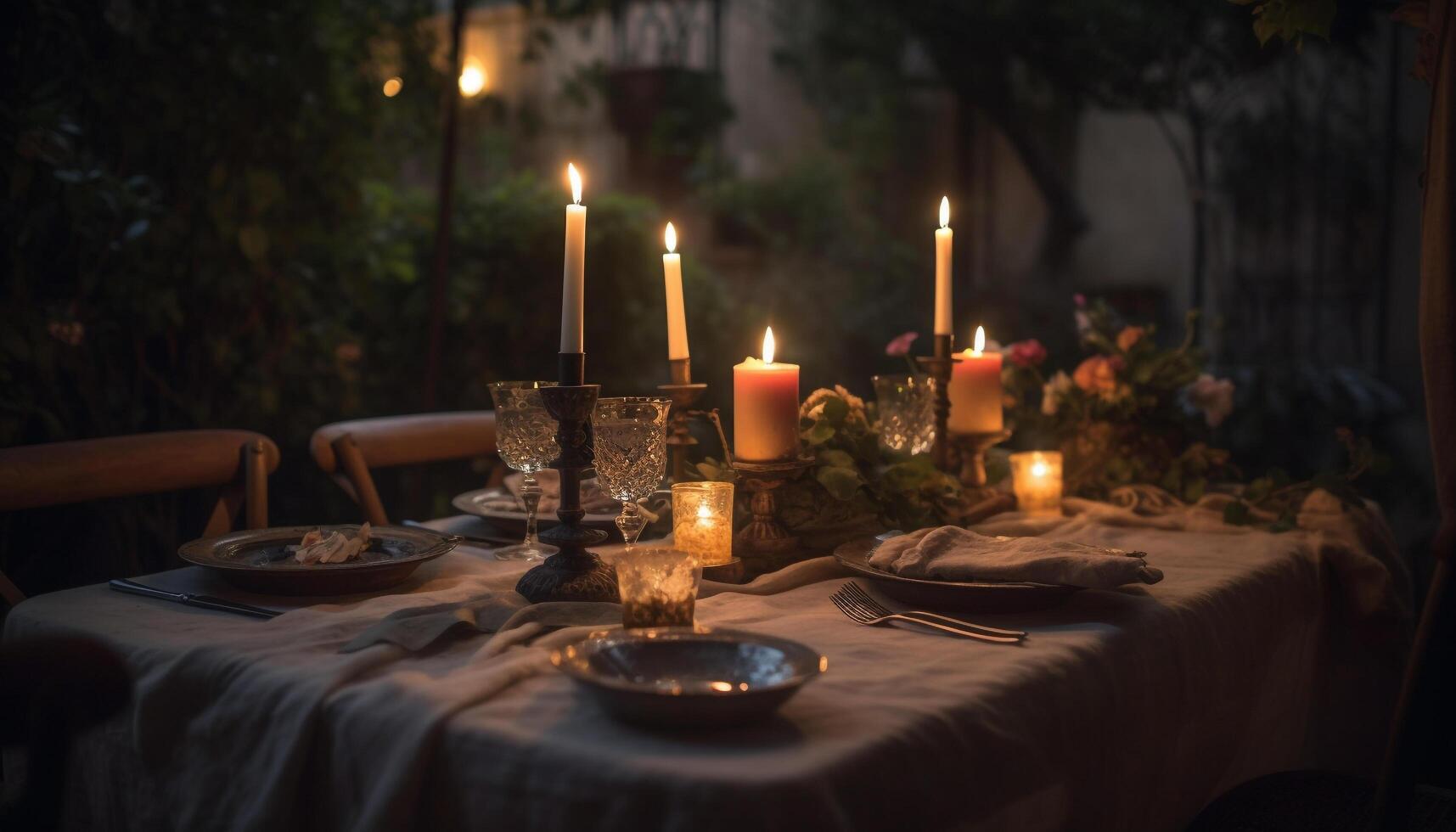 romantisk levande ljus middag, elegant dekor och bekvämlighet genererad förbi ai foto