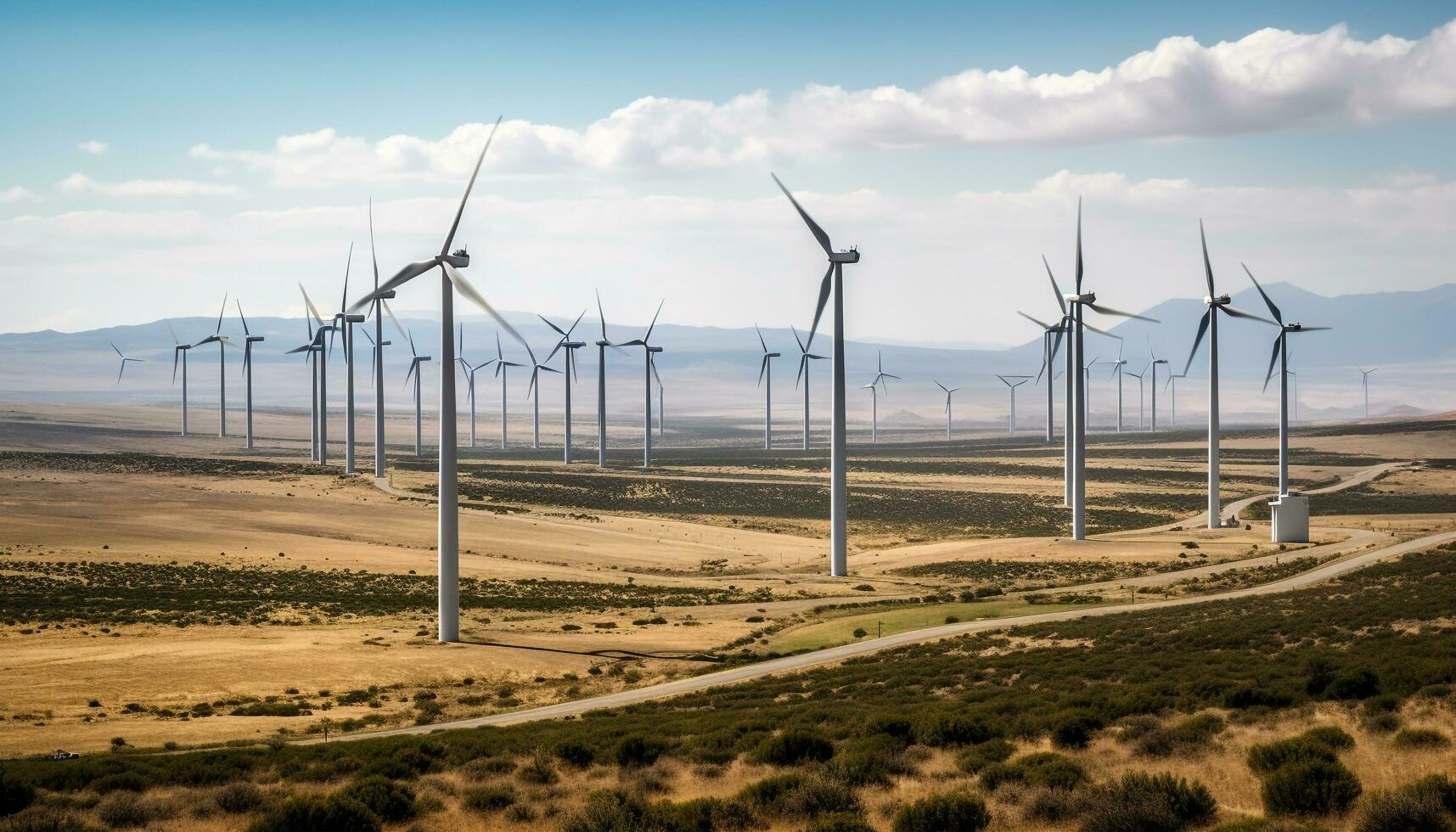 vind turbiner vändning, alstrande hållbar energi tillväxt genererad förbi ai foto