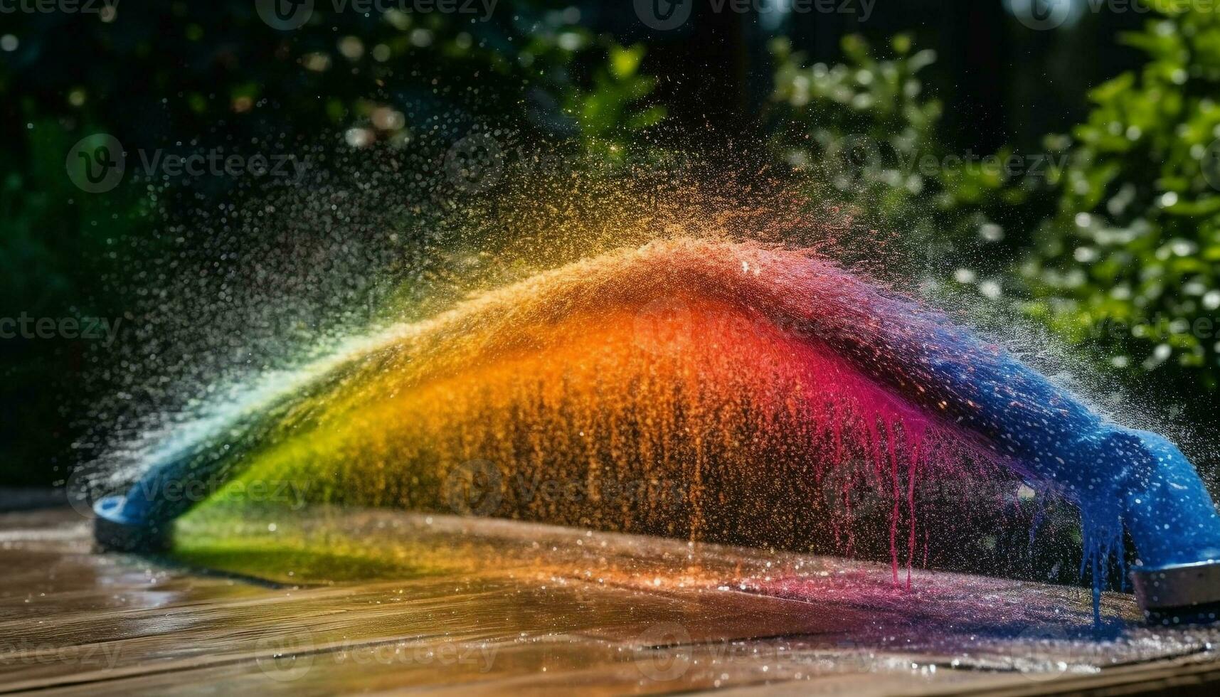 mång färgad vatten besprutning, vibrerande firande roligt genererad förbi ai foto